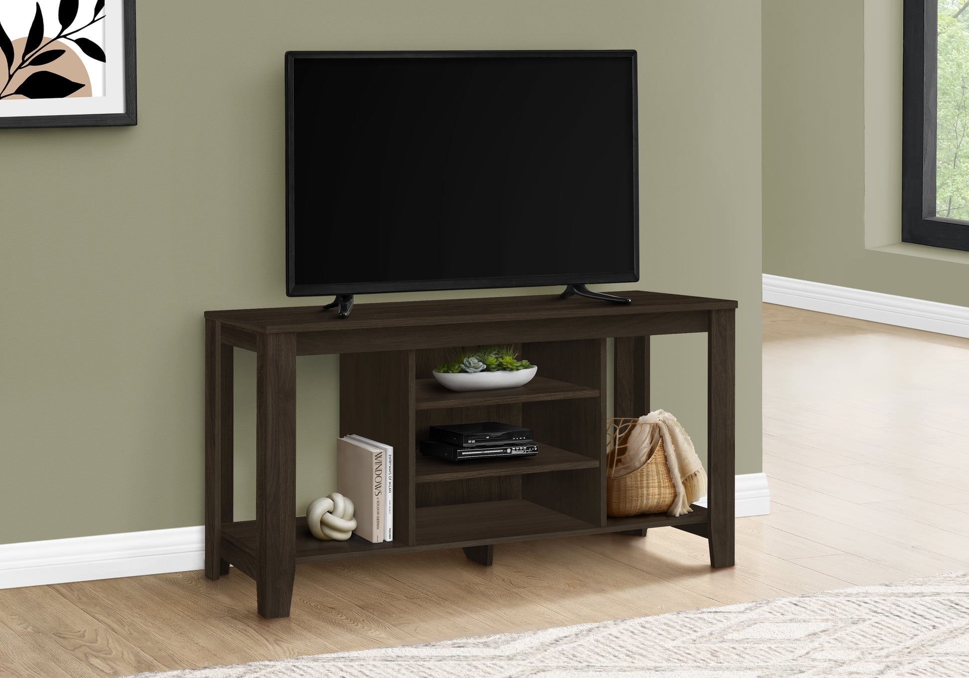 Tv Stand, 48 Inch, Console, Media Entertainment Center, Storage Shelves, Living Room, Bedroom, Brown Laminate, Contemporary, Modern Espresso 80 89 Inches Particle Board