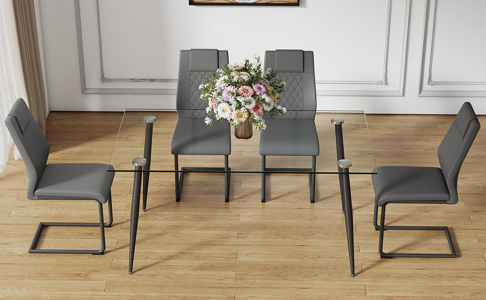 1 Table And 4 Chairs Set.Rectangular Table With Transparent Tempered Glass Tabletop And Black Metal Legs.Paired With 4 Chairs With Pu Leather Cushioned Seats And Black Metal Legs.Dt 1544 C 001 Transparent Glass Metal