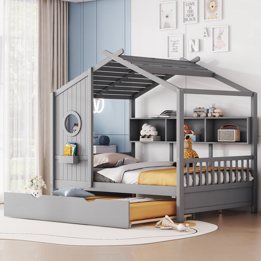 Wooden Full Size House Bed With Trundle, Modern Design For Kids With Storage Shlef, Gray Full Gray Solid Wood