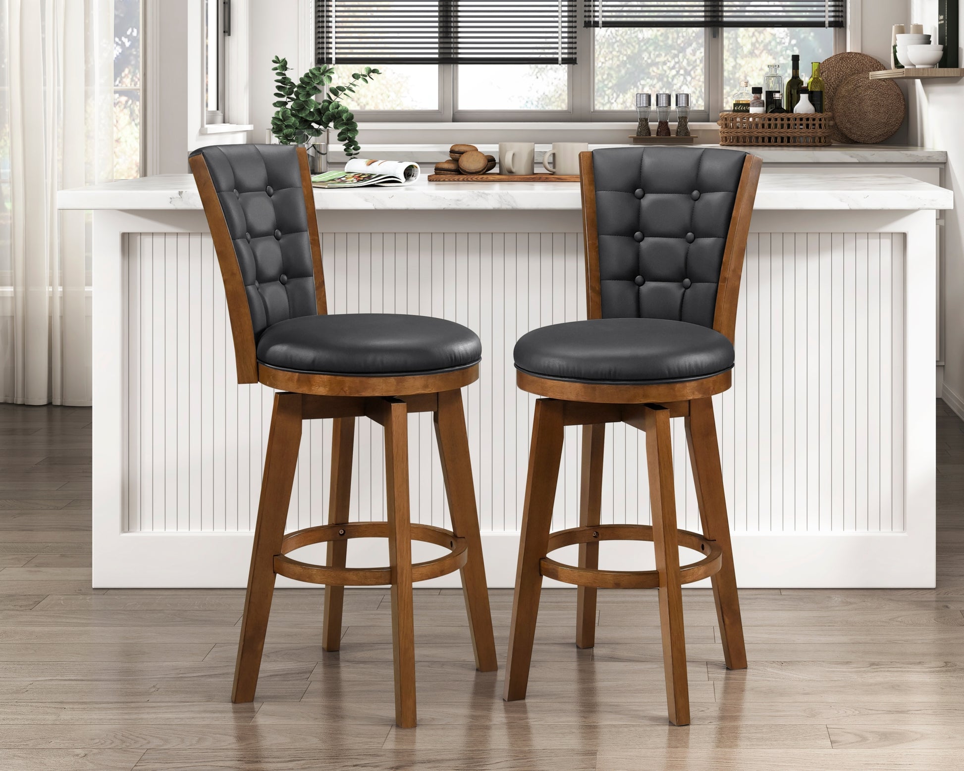 Button Tufted Swivel Bar Chairs Set Of 2, Upholstered Seat And Back Chestnut Finish Solid Wood Furniture Chestnut Dining Room Solid Wood