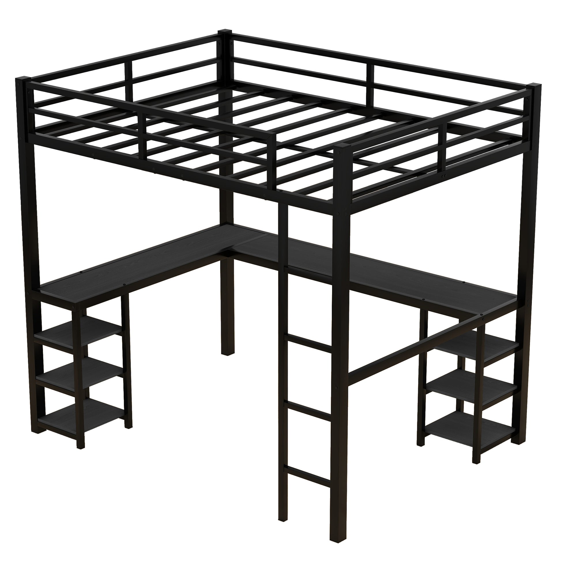 Full Metal Loft Bed With Desk And Shelves, Loft Bed With Ladder And Guardrails, Loft Bed Frame For Bedroom, Black With Black Desk Full Black Metal