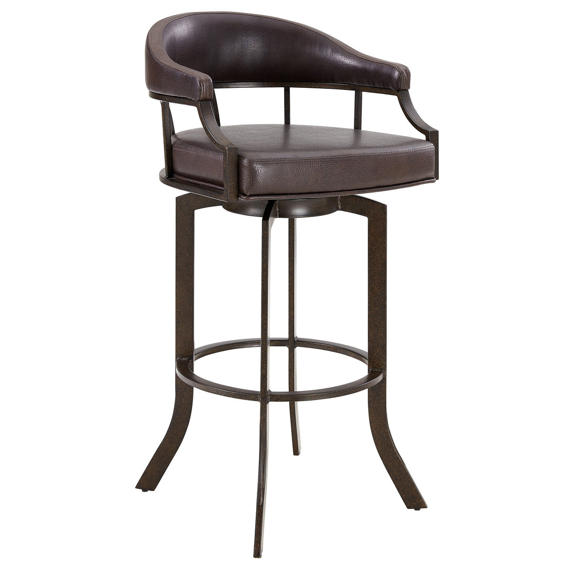 Nuf 30 Inch Swivel Barstool Armchair, Curved Round Back, Brown Faux Leather Black Brown Fabric Metal