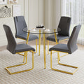 A Modern Minimalist Style Round Transparent Tempered Glass Table With Gold Metal Legs, Paired With 4 Modern Pu Leather High Back Dining Chairs,Bringing You A Luxurious Experience. Gray Seats 4 Glass Metal