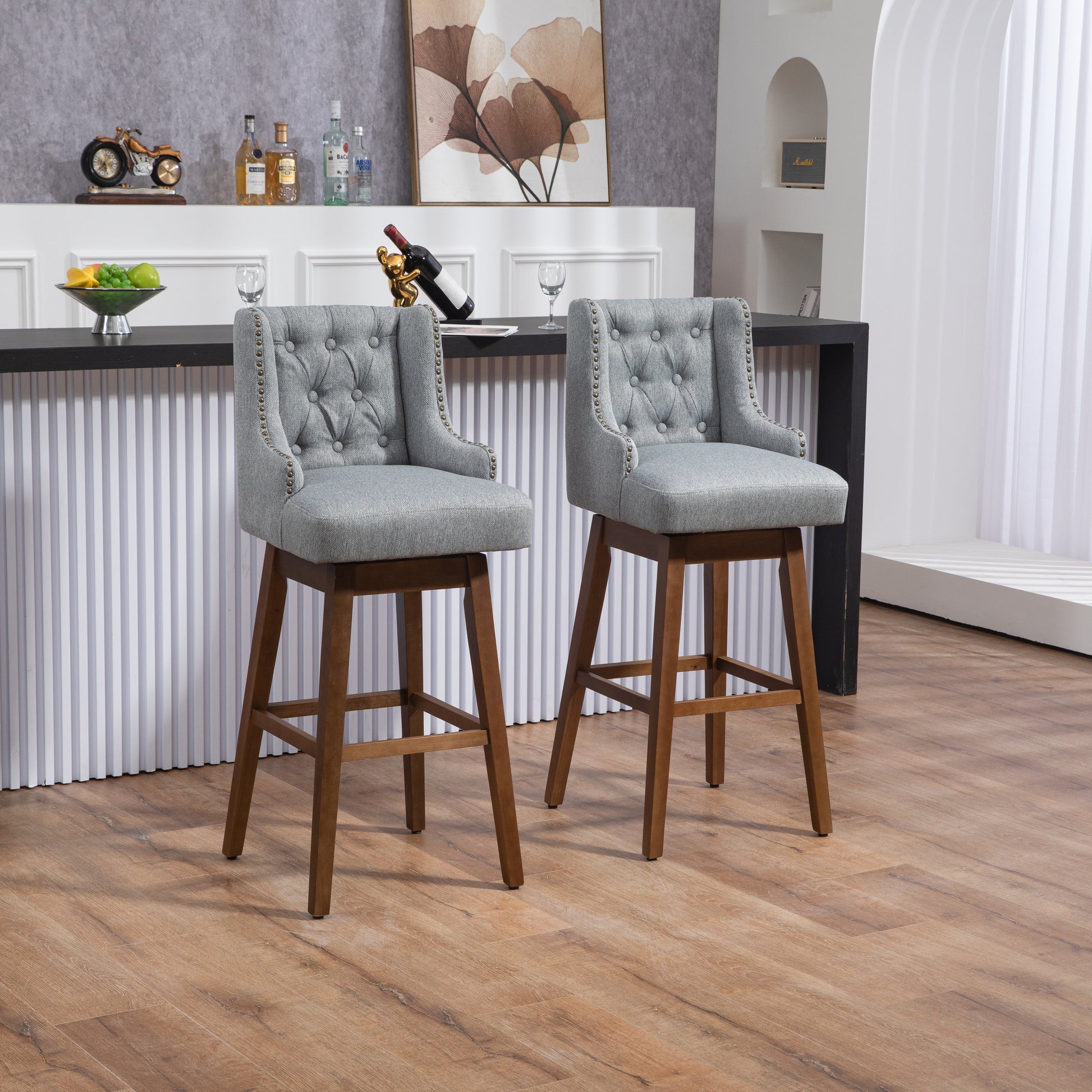 Coolmore Bar Stools Set Of 2 Counter Height Chairs With Footrest For Kitchen, Dining Room And 360 Degree Solid Wood Legs Swivel Bar Stools Set Of 2 Gray Linen Gray Foam Linen