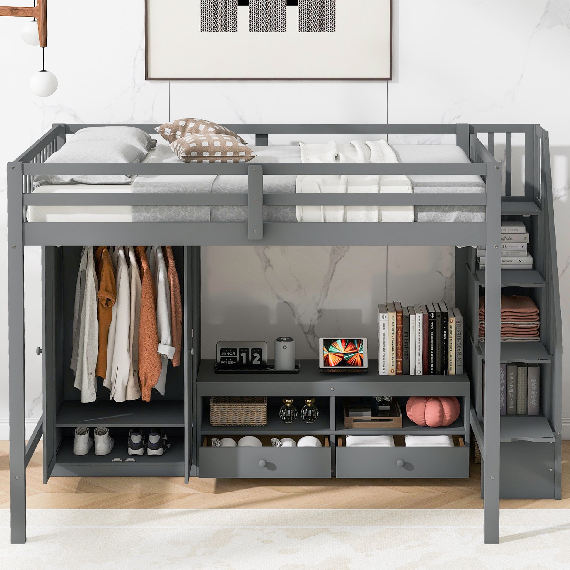 Full Size Loft Bed Frame With Wardrobe,Low Storage Table And Storage Staircase,Gray Gray Solid Wood Mdf
