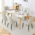 Table And Chair Set.Modern Minimalist Dining Table. White Imitation Marble Pattern Sintered Stone Desktop With Golden Metal Legs.Paried With 6 Comfortable Chairs With Pu Seats And Black Metal Legs.