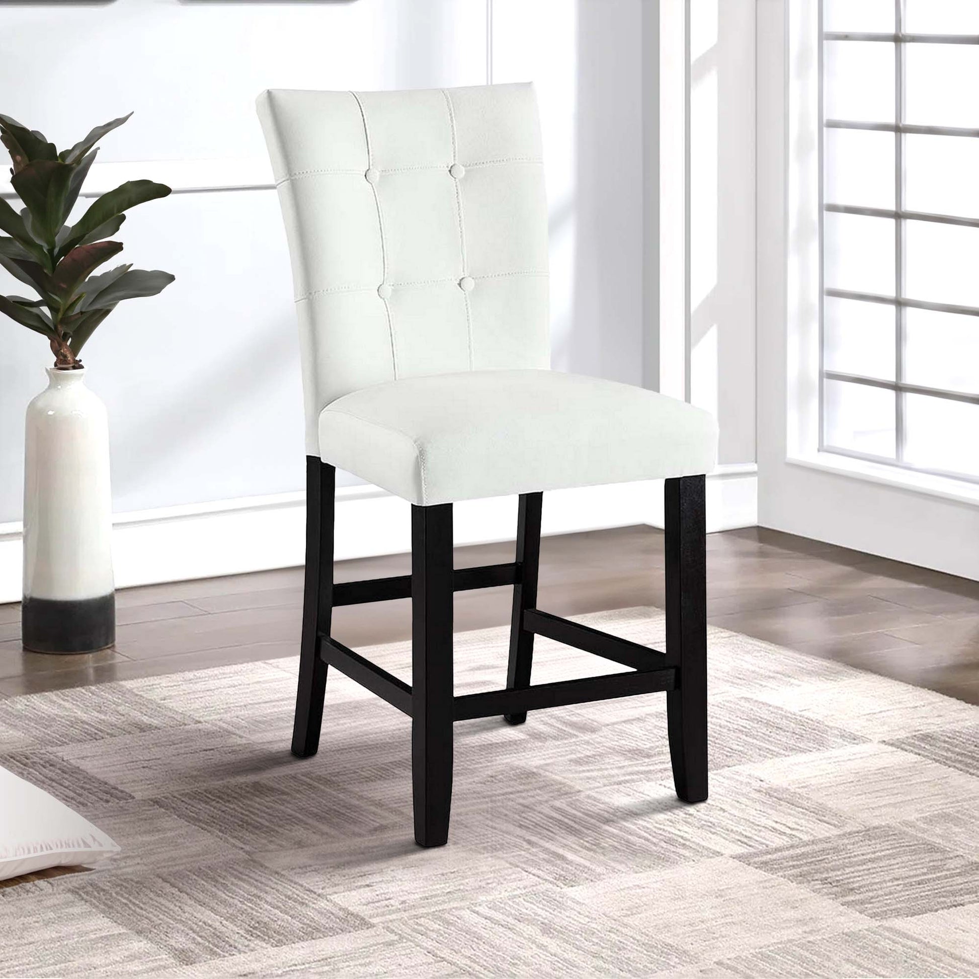 Nok 25 Inch Counter Chair, Set Of 2, Button Tufted Back, White, Black White Wood