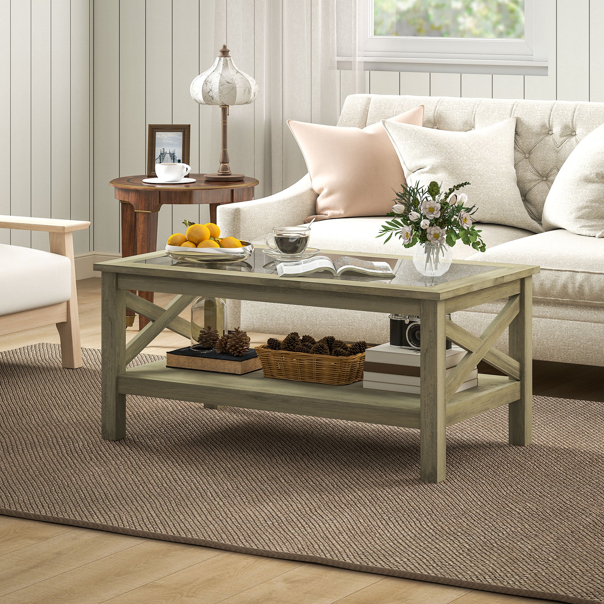 Homcom Glass Coffee Table, Modern Farmhouse Center Table With Storage, Side Table For Living Room With Classic X Bar Style Sides, Gray Gray Mdf