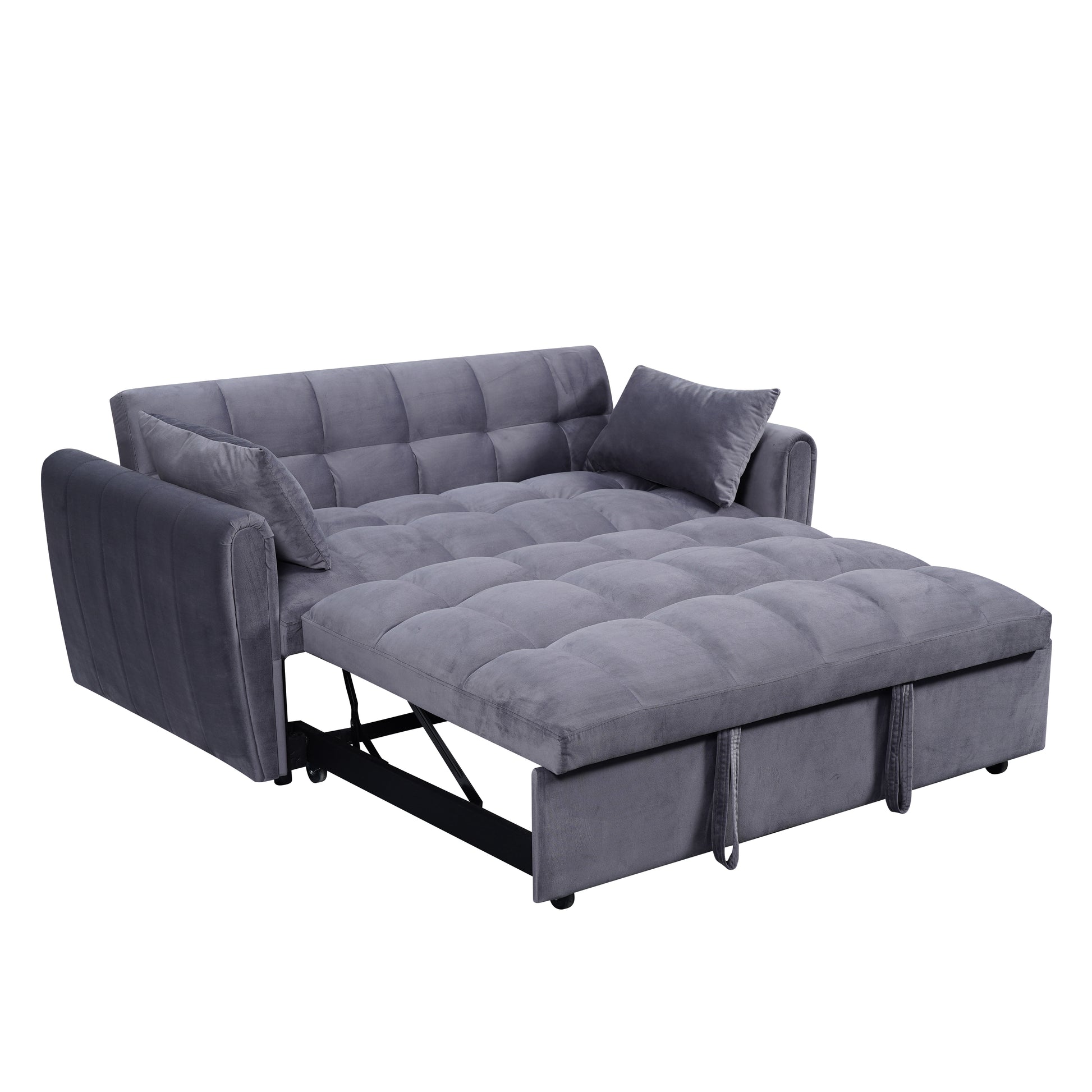 64.9 "3 In 1 Foldable Large Size Sofa Bed, Modern Velvet Double Sofa, Sofa Bed With Adjustable Back, Storage Bag And Pillow, Suitable For Living Room, Bedroom Dark Grey Light Brown Wood Primary