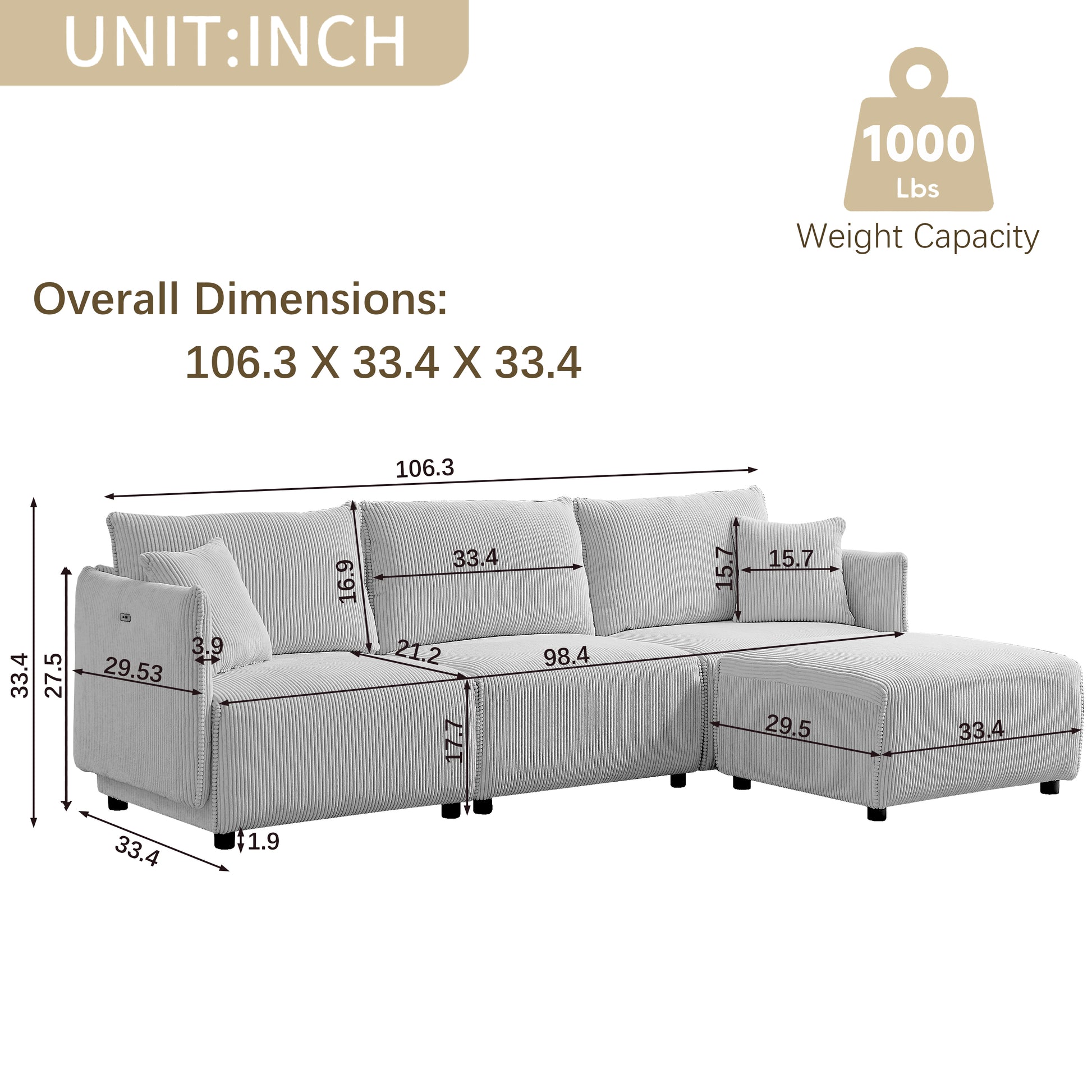 106" Multi Module Combination Style Sofa For Living Room, Bedroom And Other Lounge Spaces, Modern Minimalist Corduroy Combination Sofa With 2 Comfort Cushions With Usb & C Charging Ports Gray Gray Foam Fabric 4 Seat