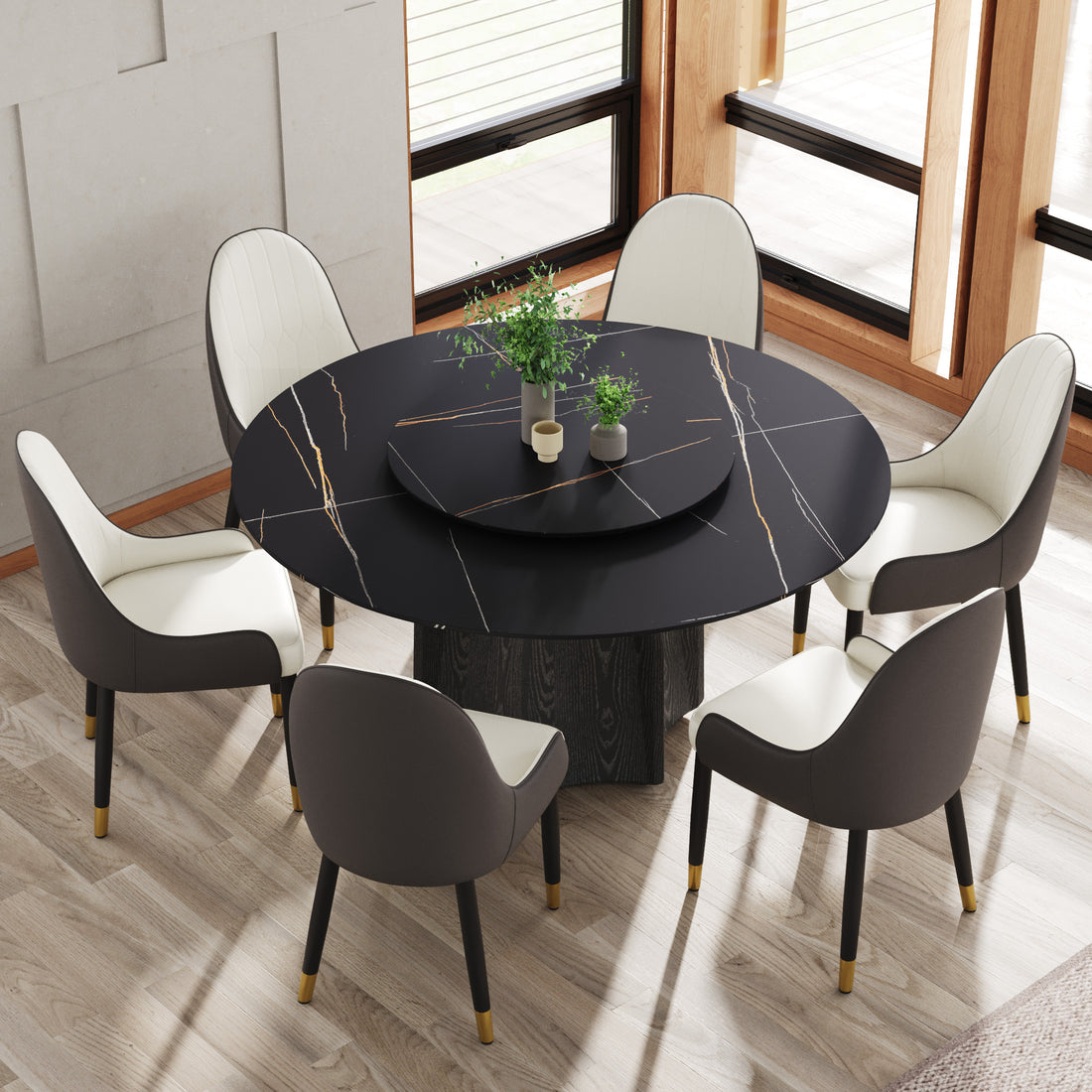 59.05" Round Marble Dining Table With Black Textured Solid Wood Base, Artificial Marble For 6 8 People, 31.5"Black Artificial Stone Turntable,Black Dining Table Only Black Modern Wood Sintered Stone