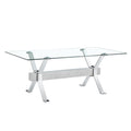 Dining Table. Modern Tempered Glass Dining Table. Large Modern Office Desk With Silver Plated Metal Legs And Mdf Crossbars, Suitable For Both Home And Office Use. Kitchen. 71 ''X35.4''X30 '' 1105 Transparent Glass