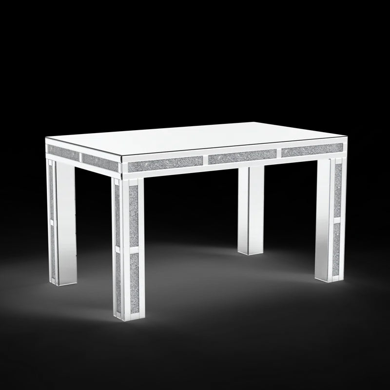 51.18" Mirrored Glass Dining Table With 4 Legs And Crushed Diamond Inlay Silver Seats 6 Mirrored Finish Desk And Hutch Primary Living Space Modern Freestanding Rectangular Kitchen & Dining Tables