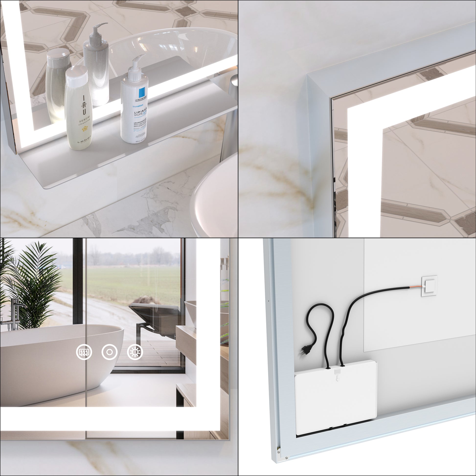 30X36 Inch Led Bathroom Vanity Mirror Wall Mounted Adjustable White Warm Natural Lights Anti Fog Touch Switch With Memory Modern Smart Large Bathroom Mirrors Silver Aluminium