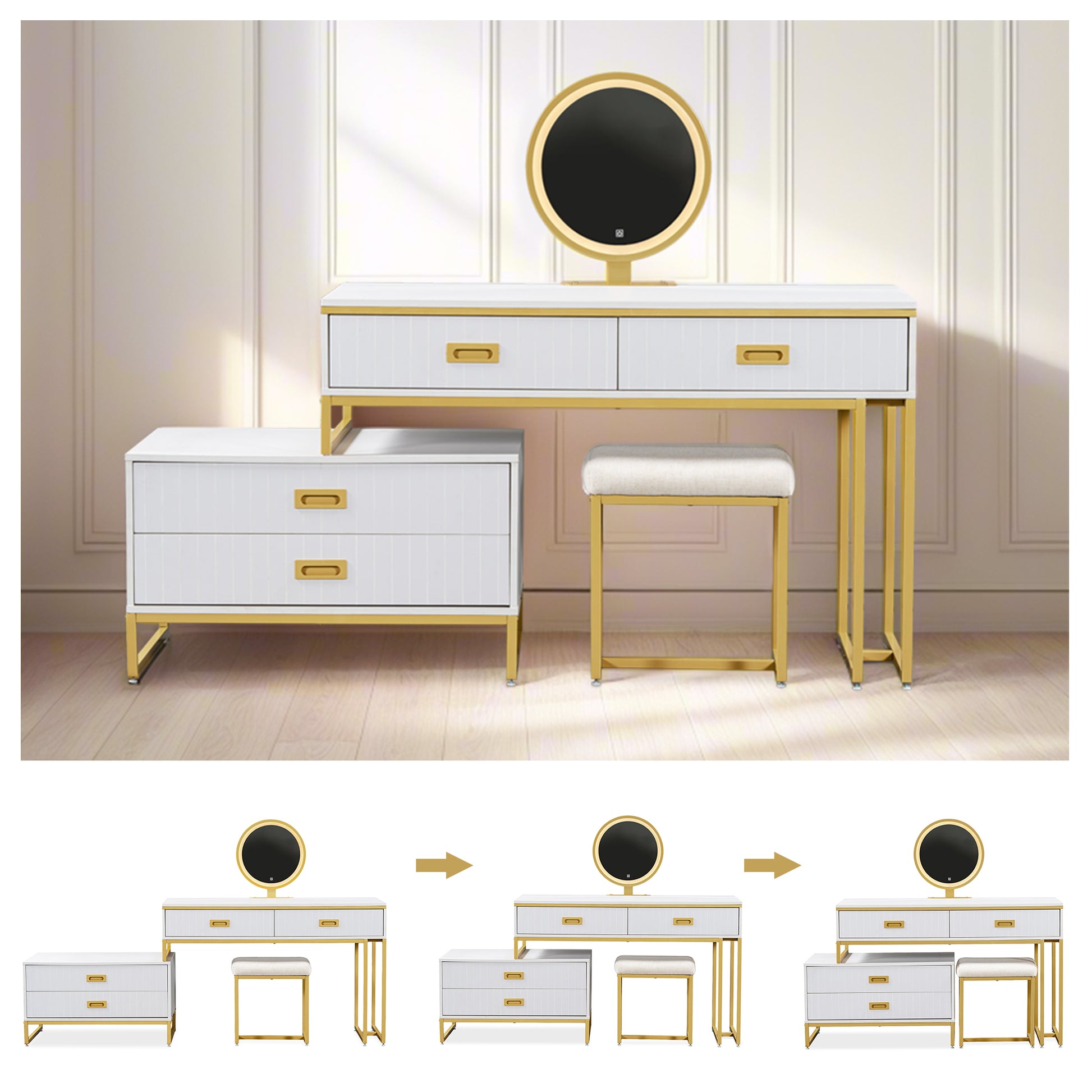 Modern Style Vanity Table With Movable Side Cabinet And 4 Drawers, Large Size Dressing Table With Mirror And 3 Colors Led Light, Makeup Table With Stool, White, Lden Legs Gold White 4 Drawers Mdf Metal