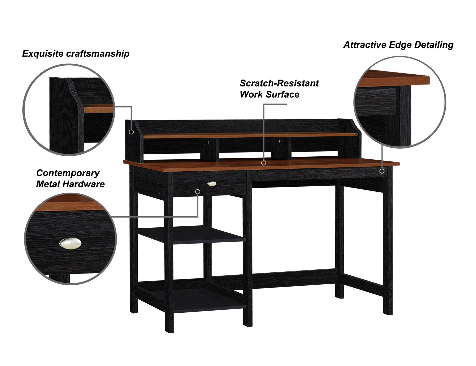 47" Writing Desk With Hutch "Teak And Black Oak Dual Tone Desk Spacious Writing And Computer Table With Drawer And Adjustable Shelf For Home Office" Teak Black Solid Wood