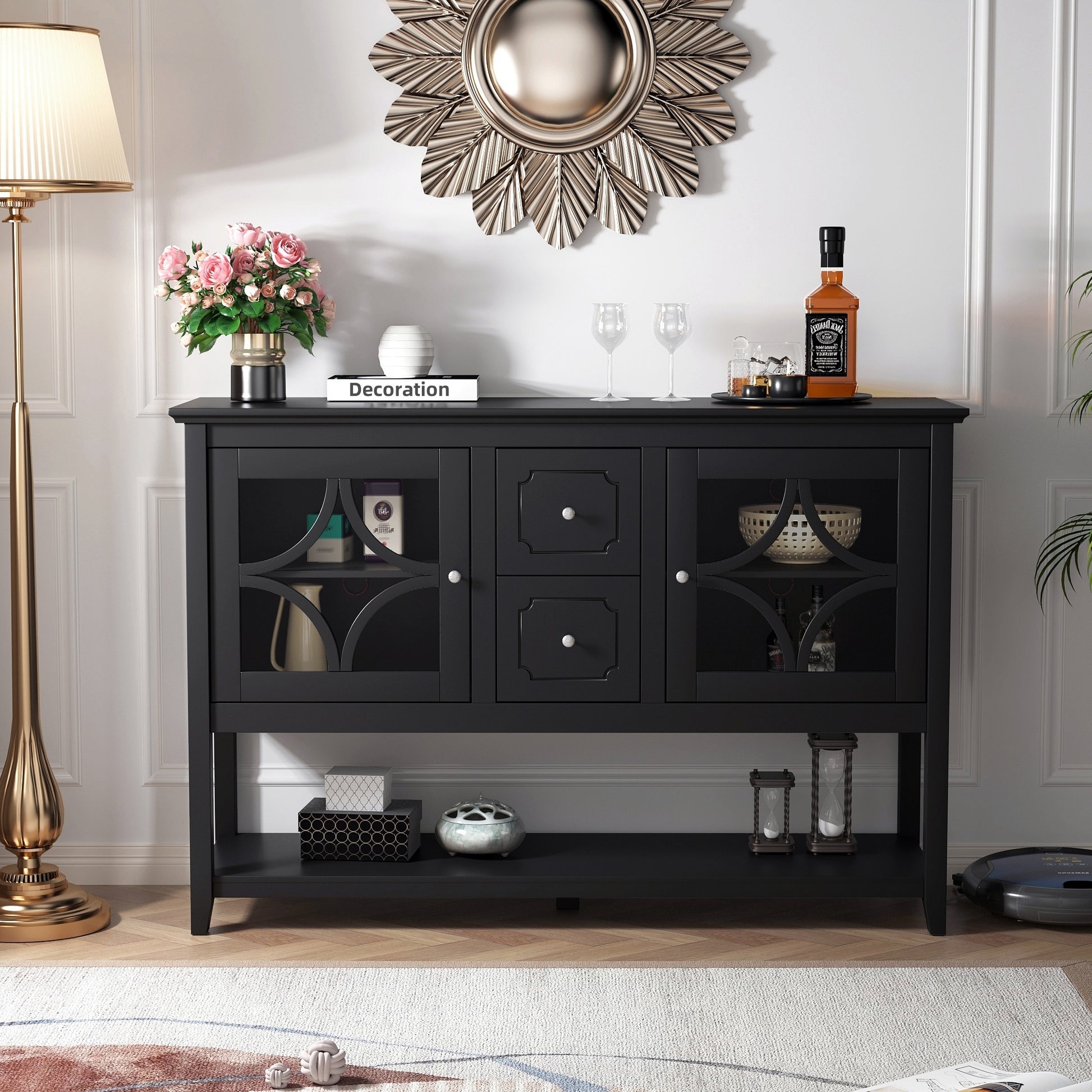 Sideboard Buffet Console Table, Media Cabinet With Adjustable Shelves, Black Black Primary Living Space Cabinets Included Mdf