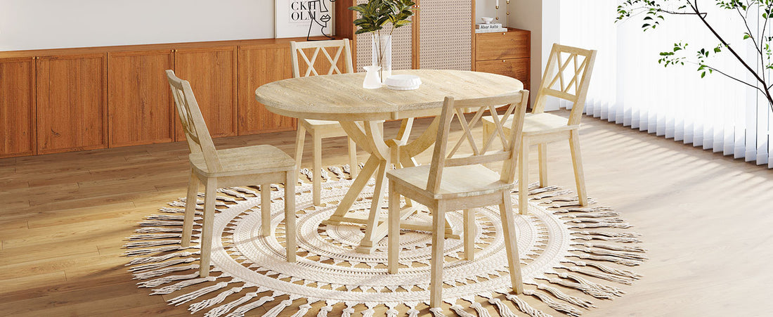 Mid Century 5 Piece Extendable Round Dining Table Set With 15.7" Removable Leaf And 4 Cross Back Dining Chairs, Natural Wood Dining Room Extendable Rubberwood Oval Dining Table With Chair Wood Wood Natural Seats 4 Removable Leaf Mid Century Modern Oval