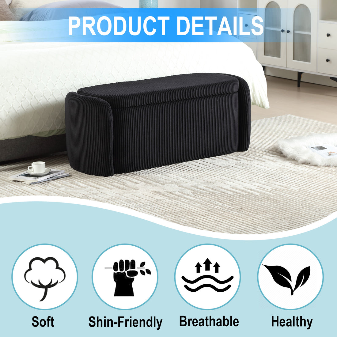 Coolmore Storage Ottoman,Bedroom End Bench,Upholstered Fabric Storage Ottoman With Safety Hinge, Entryway Padded Footstool, Ottoman Bench For Living Room & Bedroom Black Black Primary Living Space Foam Corduroy