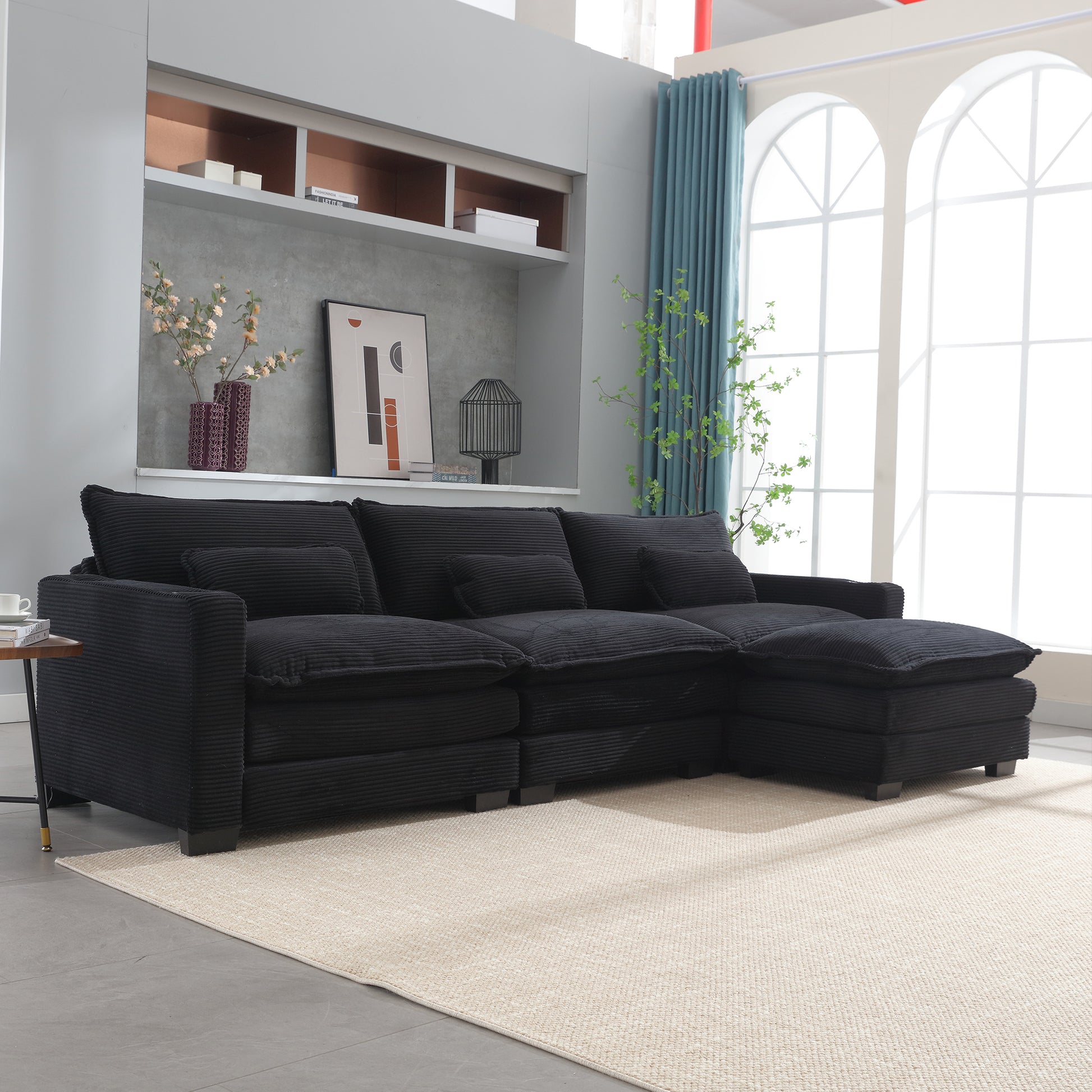 L Shape Sofa Couch With Usb & Cup Holders, Corduroy Stripe Fabric 3 Seater Sofa With 1 Ottoman, Black Black Wood 4 Seat