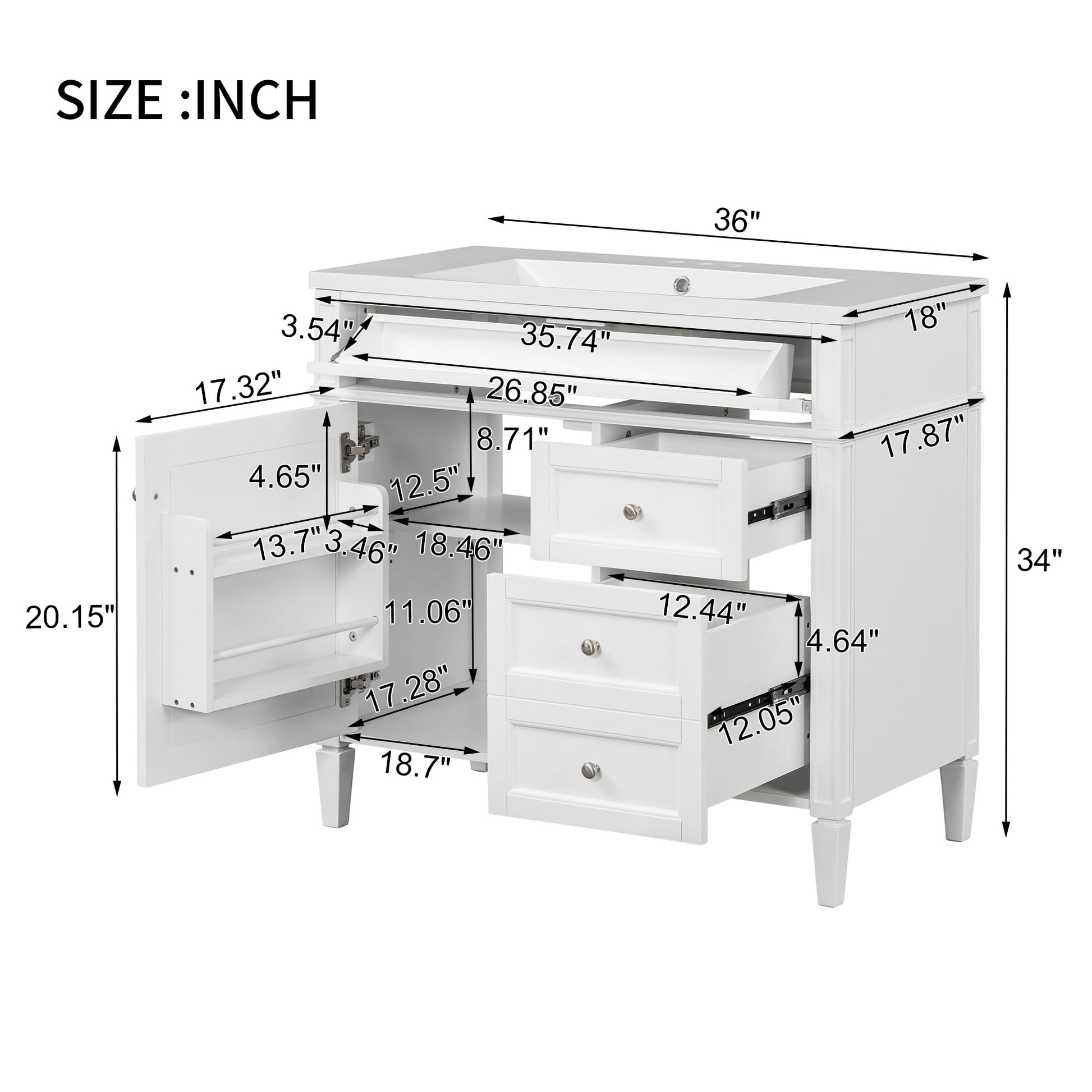 36'' Bathroom Vanity With Top Sink, Modern Bathroom Storage Cabinet With 2 Drawers And A Tip Out Drawer, Single Sink Bathroom Vanity White Bathroom Solid Wood Mdf Resin