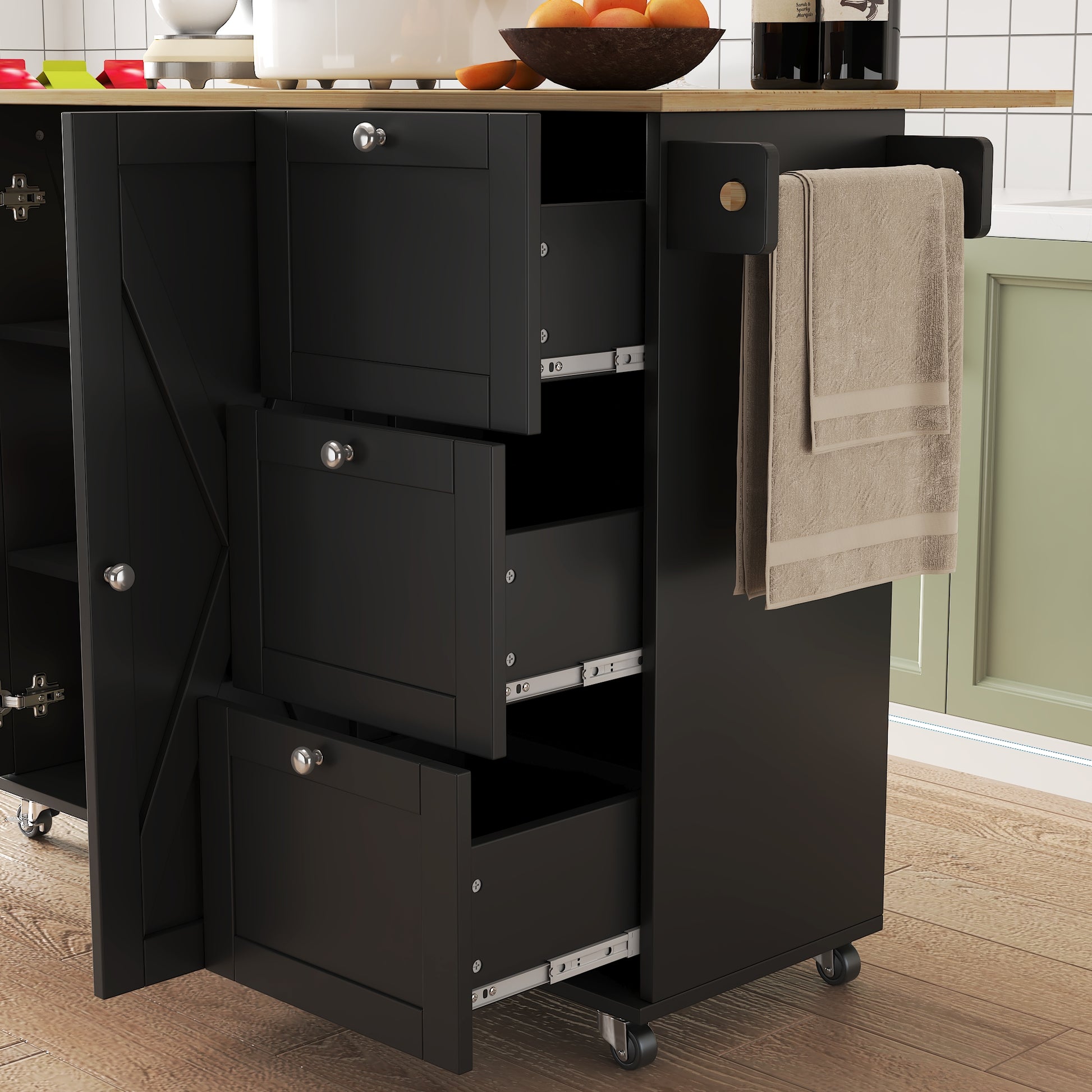 45.4" Farmhouse Black Rolling Kitchen Cart On Wheels With Storage Cabinet, Mobile Kitchen Island Cart With Drop Leaf Top, Spice Rack, Towel Bar, Adjustable Shelf, Drawers And Hooks Black Kitchen Rustic Rectangular Kitchen Carts Mdf Medium 40 55In