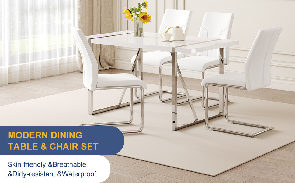 Table And Chair Set.55"X31.5" Mdf Painting Dining Table Set With 4 Pu Chairs.Showcasing A Modern And Stylish Look.Suitable For Dining Room.Mdf Painting,Iron Pipe Plating,Pu Chiairs,White. White