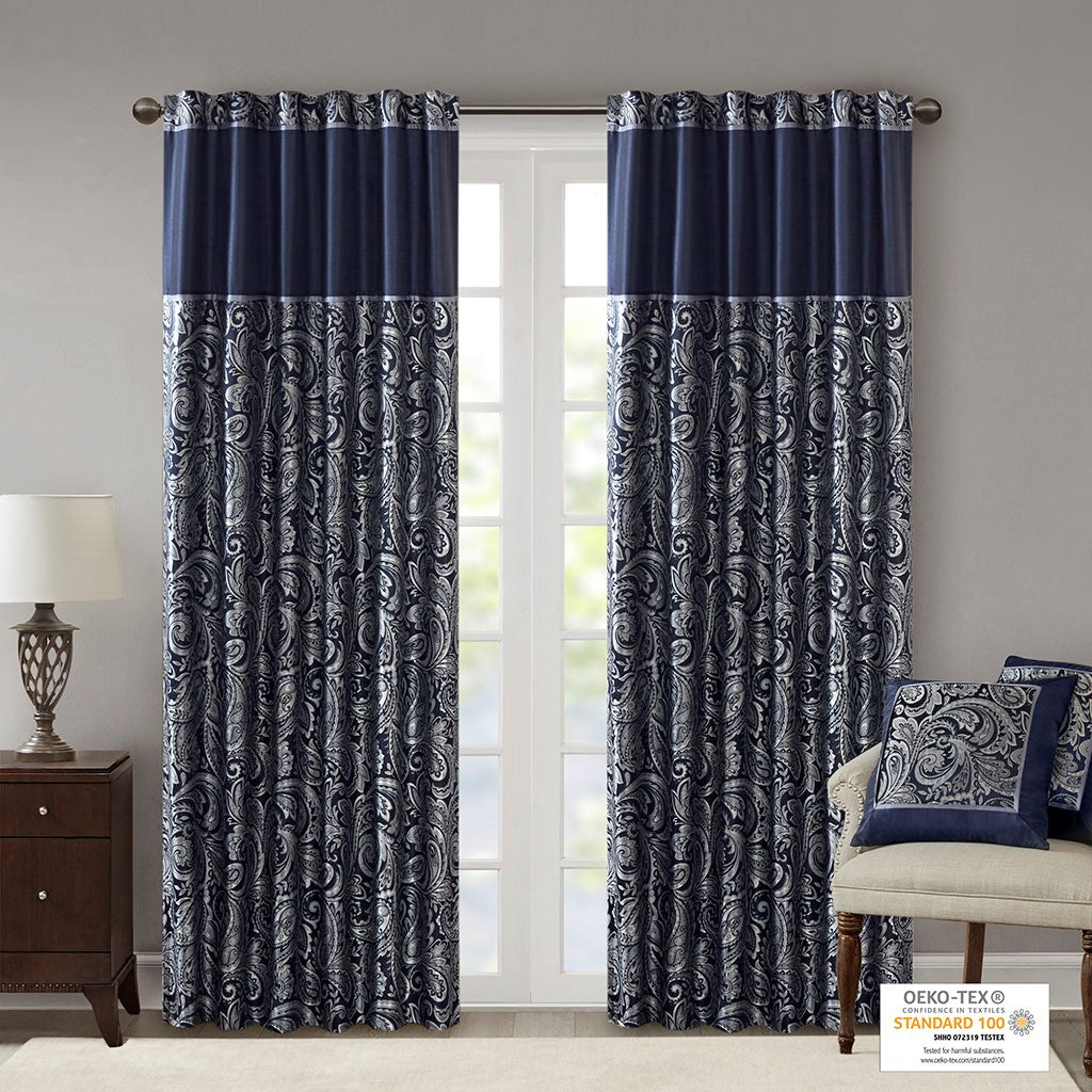 Jacquard Curtain Panel Pair 2 Pcs Window Panels Navy Polyester