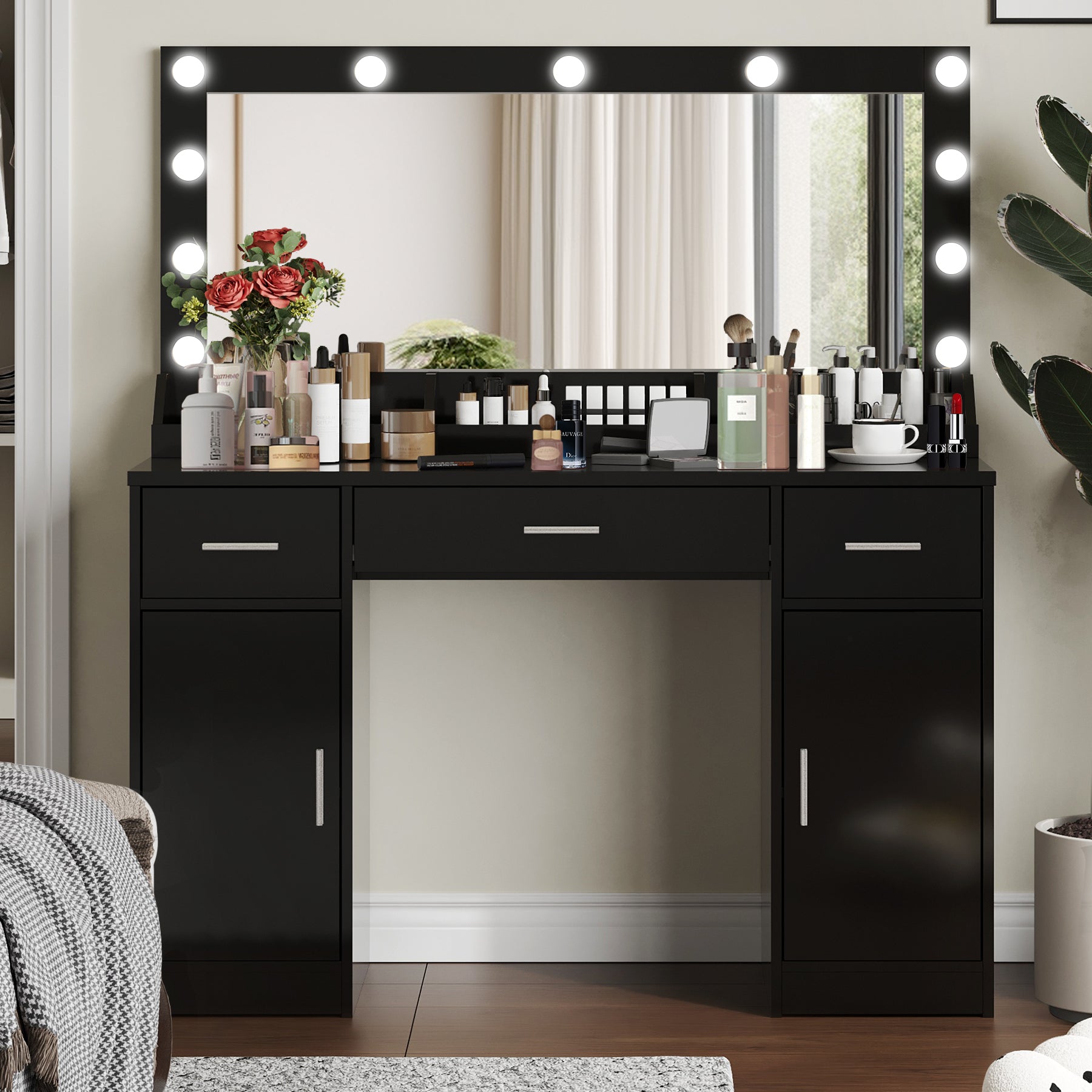47.2"Vanity Desk With Large Mirror, 3 Colour Lighting Modes, Adjustable Brightness, Dresser With 3 Drawers & 2 Vertical Cabinets, Makeup Vanity Table For Women & Girls Black Black Particle Board
