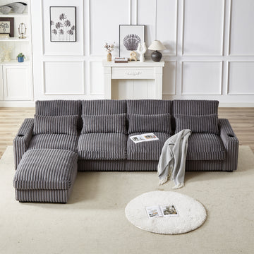 128 Inch Corduroy With Cup Holder Super Large L Shaped Sofa, Movable Footrest, Four Waist Pillows And Four Back Cushion, With Usb Port And T Pyce Port Grey Corduroy 4 Seat