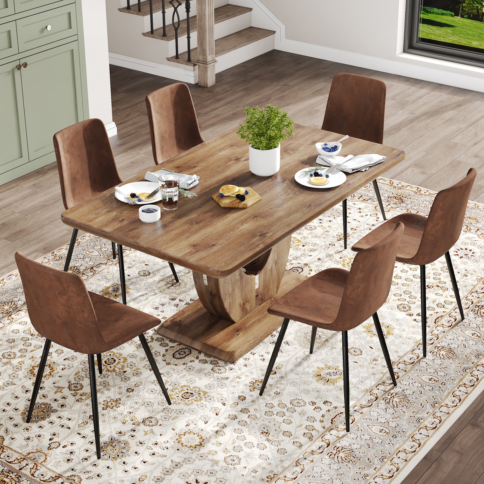 Table And Chair Set.Mdf Rectangular Dining Table, 6 Modern Medieval Style Restaurant Brown Cushioned Chairs With Suede Backrests And Black Metal Legs.Suitable For Restaurants, Living Rooms, Kitchen. Brown Seats 6 Mdf Metal