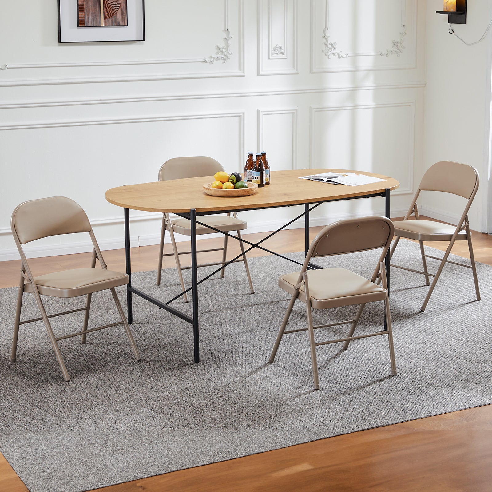 Folding Chair 2 Pack, Leather Padded Folding Chairs, Sturdy Metal Foldable Chairs, For Home, Office, Party, Khaki 4 Pack Khaki Stainless Steel