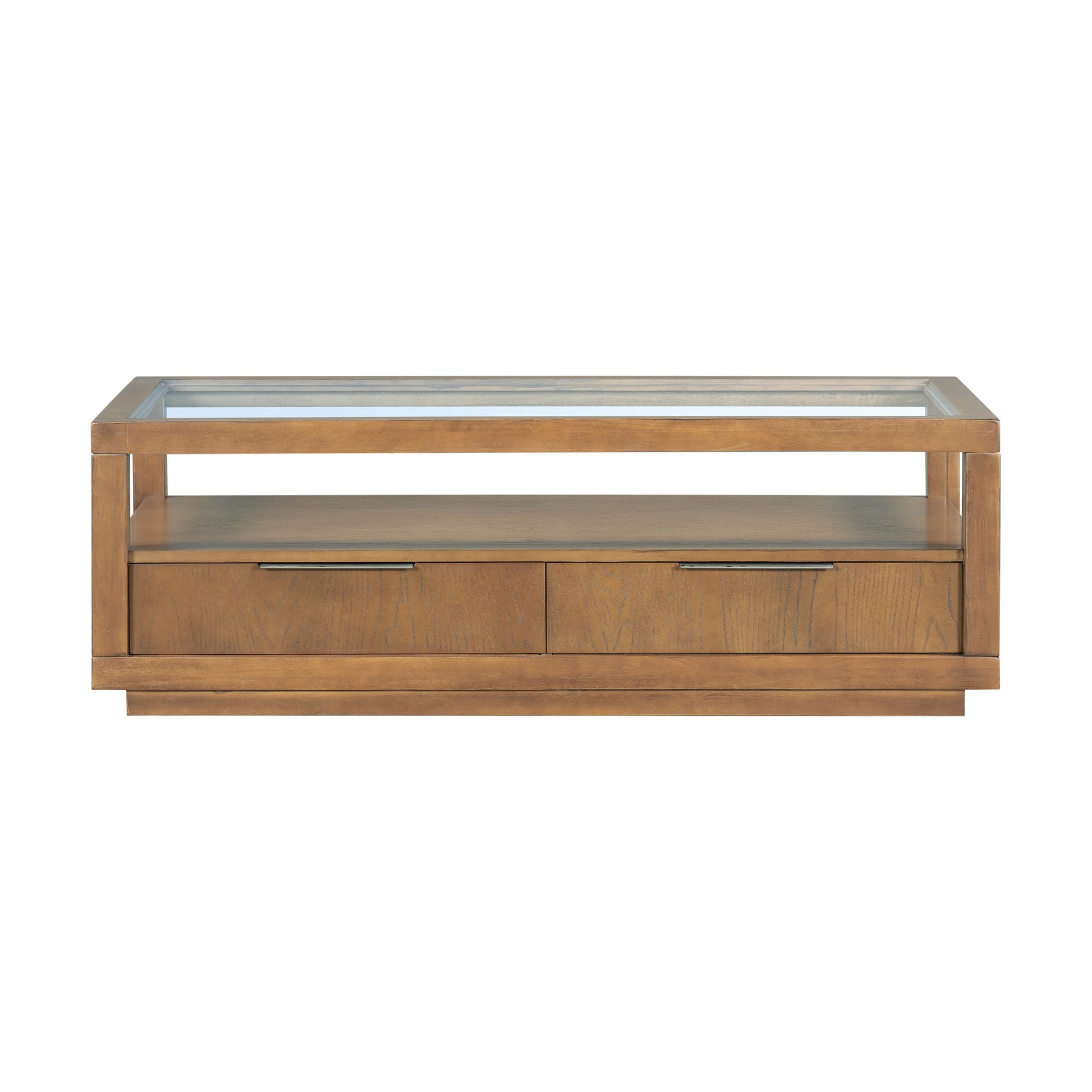 Modern Wood Coffee Table With 2 Drawers ,Minimalist Display Coffee Table With Transparent Tempered Glass, Open Storage Shelf For Living Room Brown Solid Wood Mdf