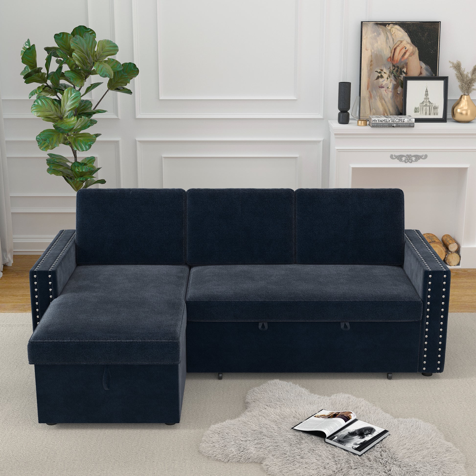 85 Inches Sofa Bed, 3 Seater Sleeper Sofa With Storage Chaise, Square Handrail With Pull And Copper Nail,Chenille, Pull Out Couch For Living Room Blue Chenille 3 Seat