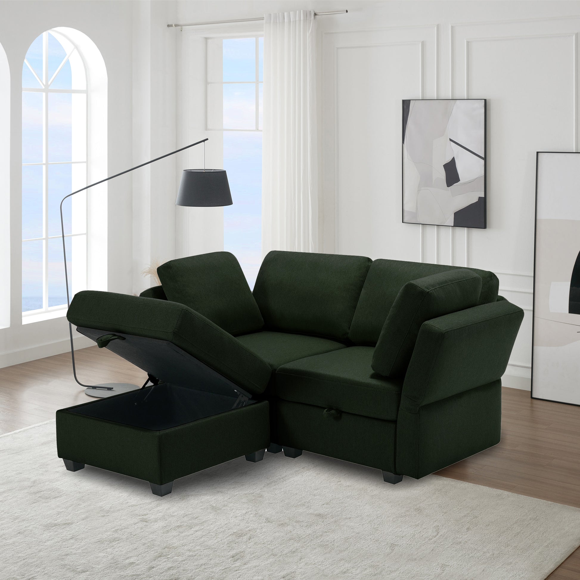 Space Saving Small Sectional Sofa With Ottoman, 2 Seater Sofa With 1 Ottoman, All Seats And Ottomans With Storage Function Green Green Polyester 2 Seat