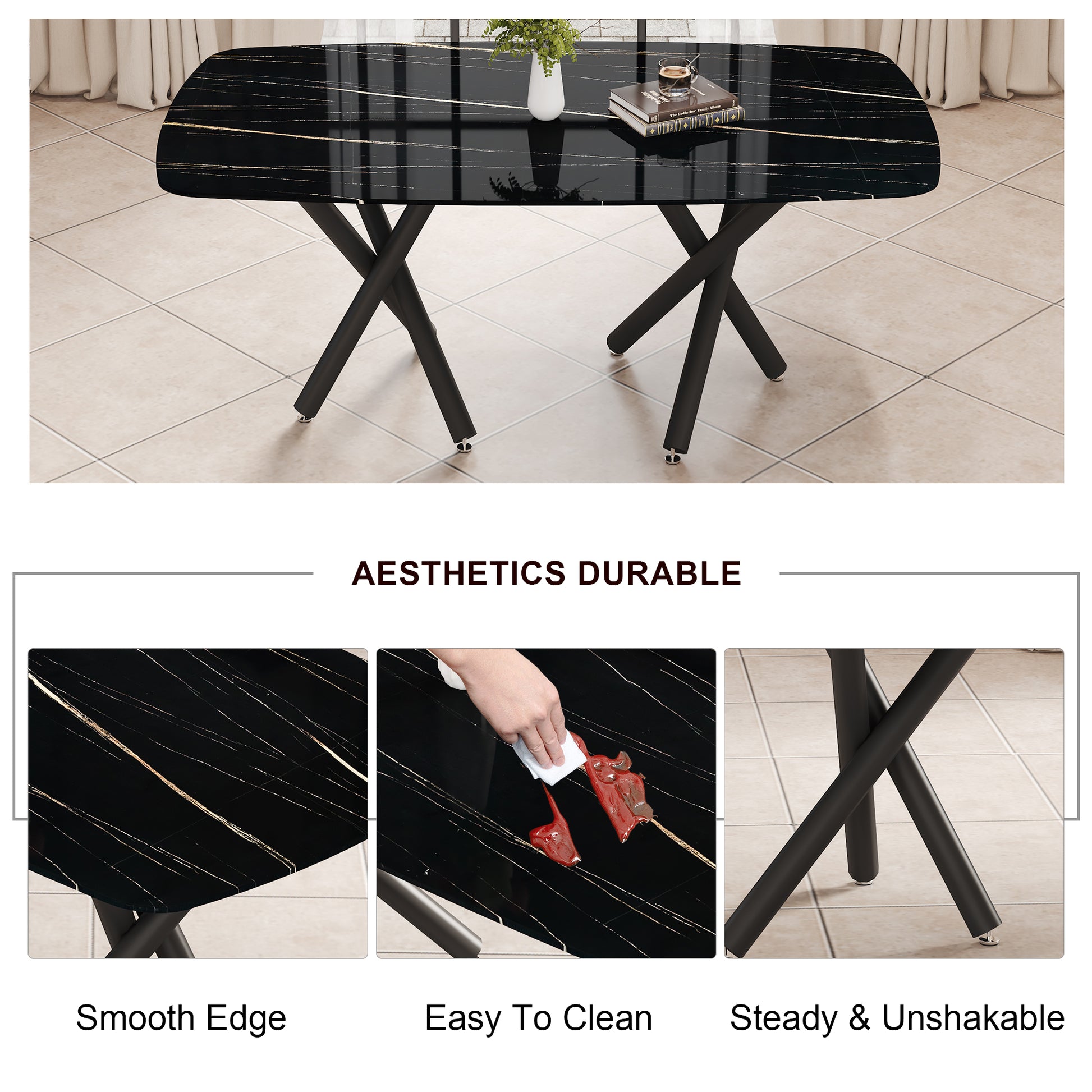 1 Table And 6 Chairs Set.A Rectangular Dining Table With A Imitation Marble Black Table Top And Black Metal Legs.Paired With 6 Chairs With Pu Leather Seat Cushion And Black Metal Legs.F 1538,C 007 Black Glass Metal