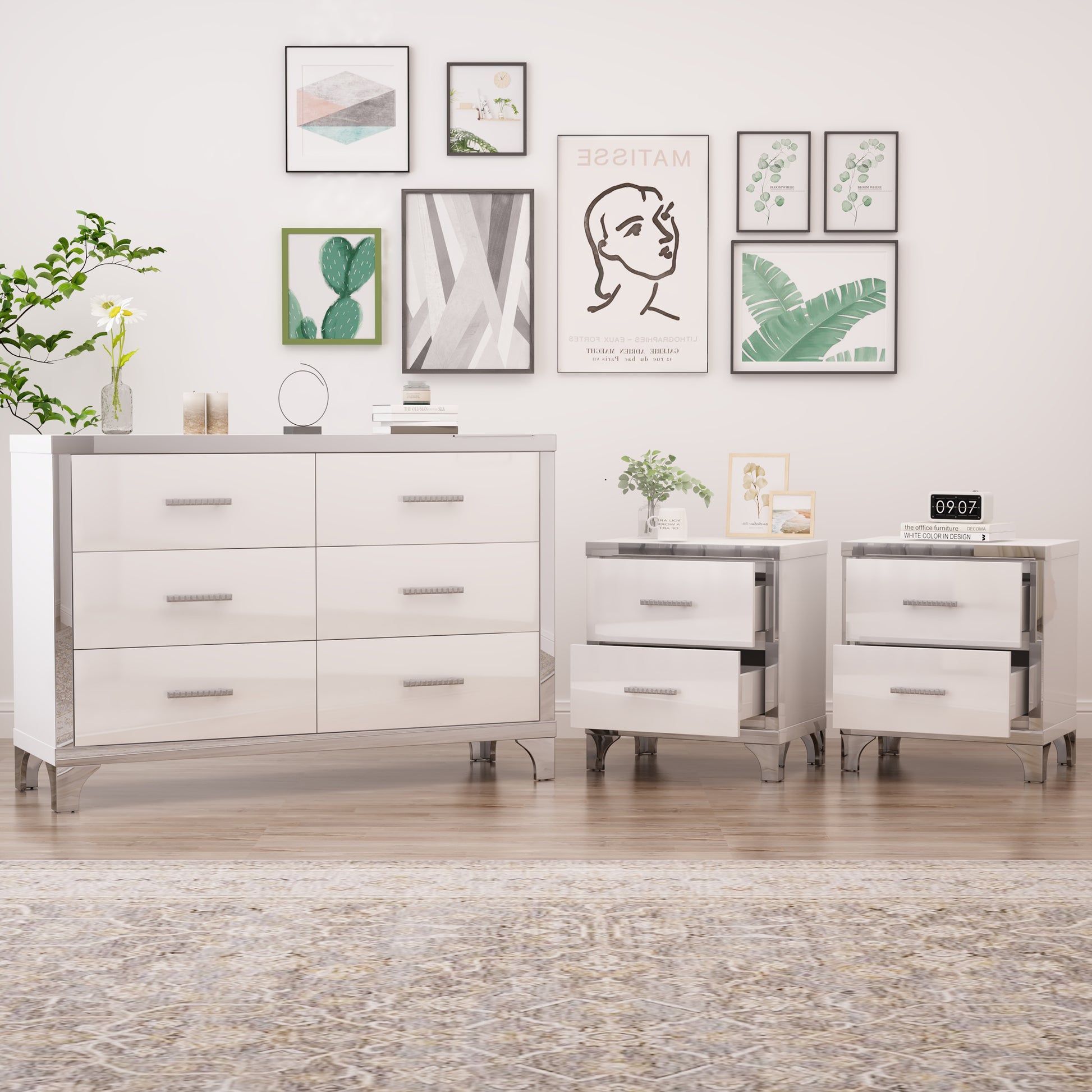 3 Pieces Sets,Dresser And Two Nightstands With Metal Handles And Mirror Decoration, Elegant And Subtle,White White 3 Piece Set Mdf