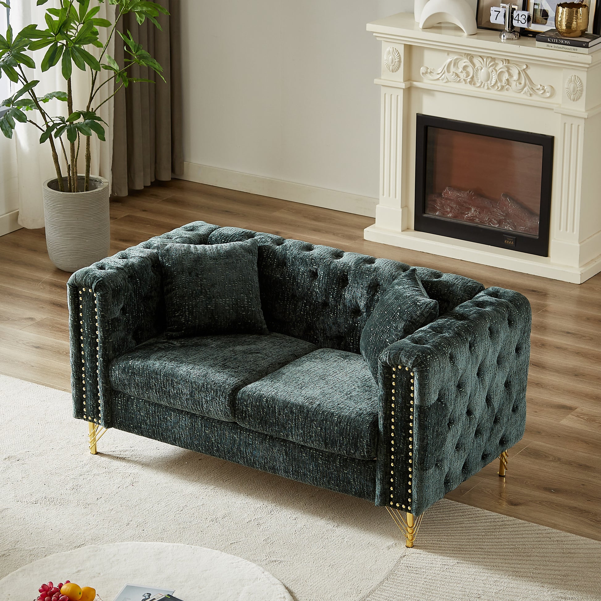 60 Inch Chenille Pull Buckle Design Sofa For Living Room,Buttons Tufted With Copper Nail Decoration Armrest, Modern Couch Upholstered Button And Metal Legs Green Foam Chenille 2 Seat