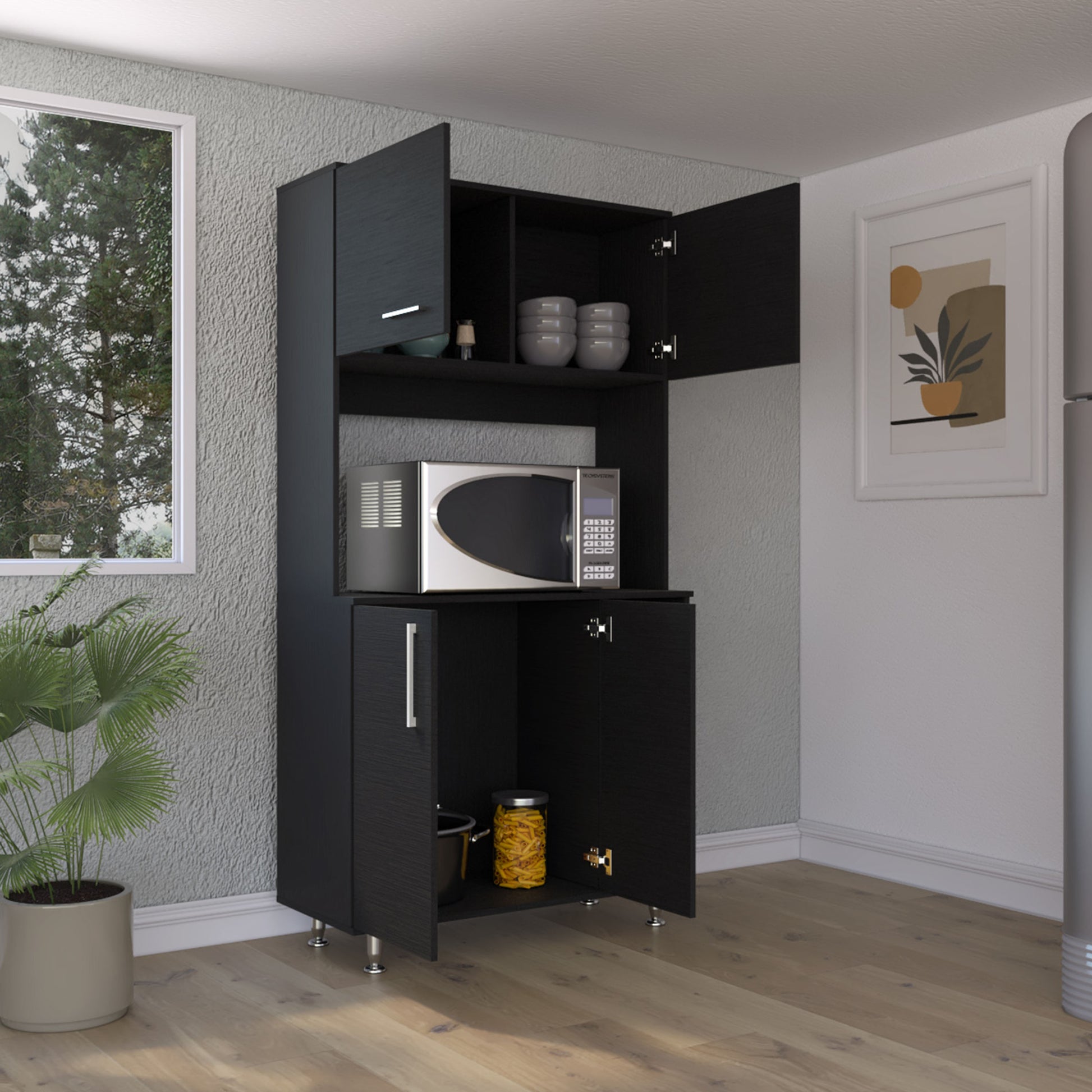Kitchen Pantry Double Door Cabinet, Four Legs, Three Shelves, Black Black Solid Wood Mdf Engineered Wood