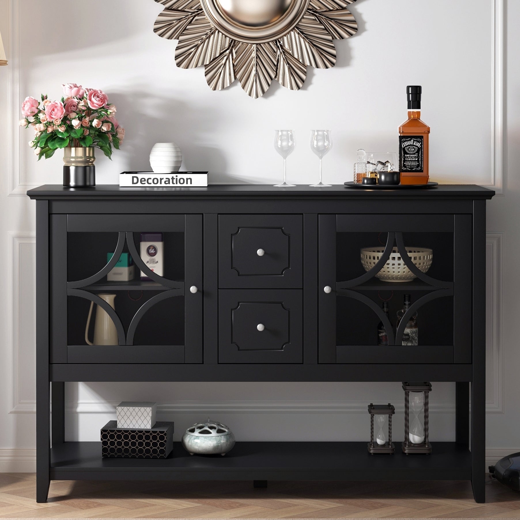 Sideboard Buffet Console Table, Media Cabinet With Adjustable Shelves, Black Black Primary Living Space Cabinets Included Mdf