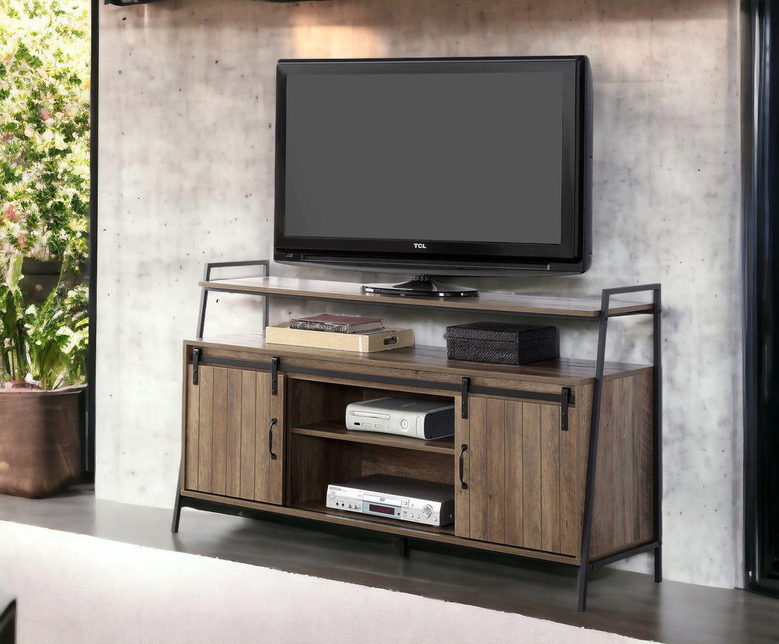 Rustic Oak And Black Tv Stand With Sliding Barn Door Oak Primary Living Space 50 59 Inches 50 59 Inches Paper Composite