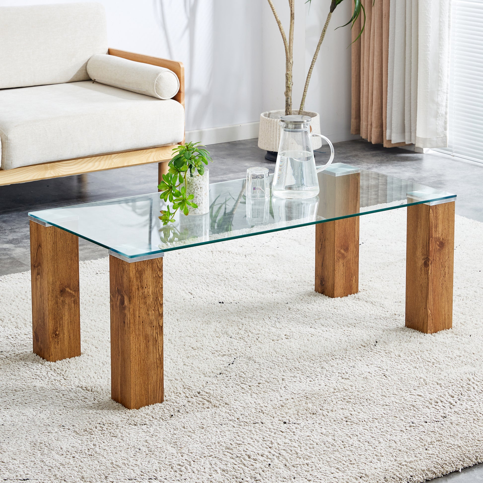 Glass Top Coffee Table,Tea Table, With Mdf Legs Stylish Blend Of Elegance And Durability 44.9"*21.7"*16.9" Transparent Wood Glass