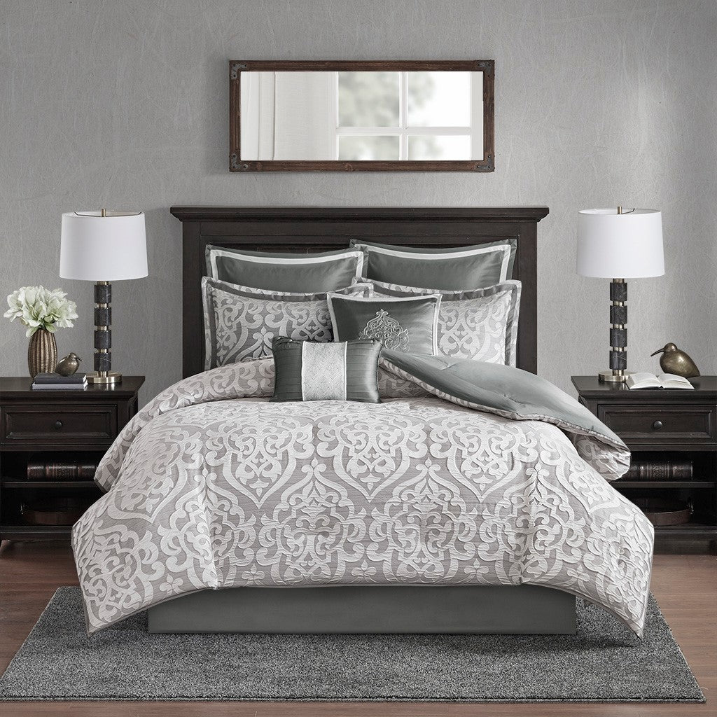 8 Piece Jacquard Comforter Set Silver Silver Queen Queen Silver Silver Polyester