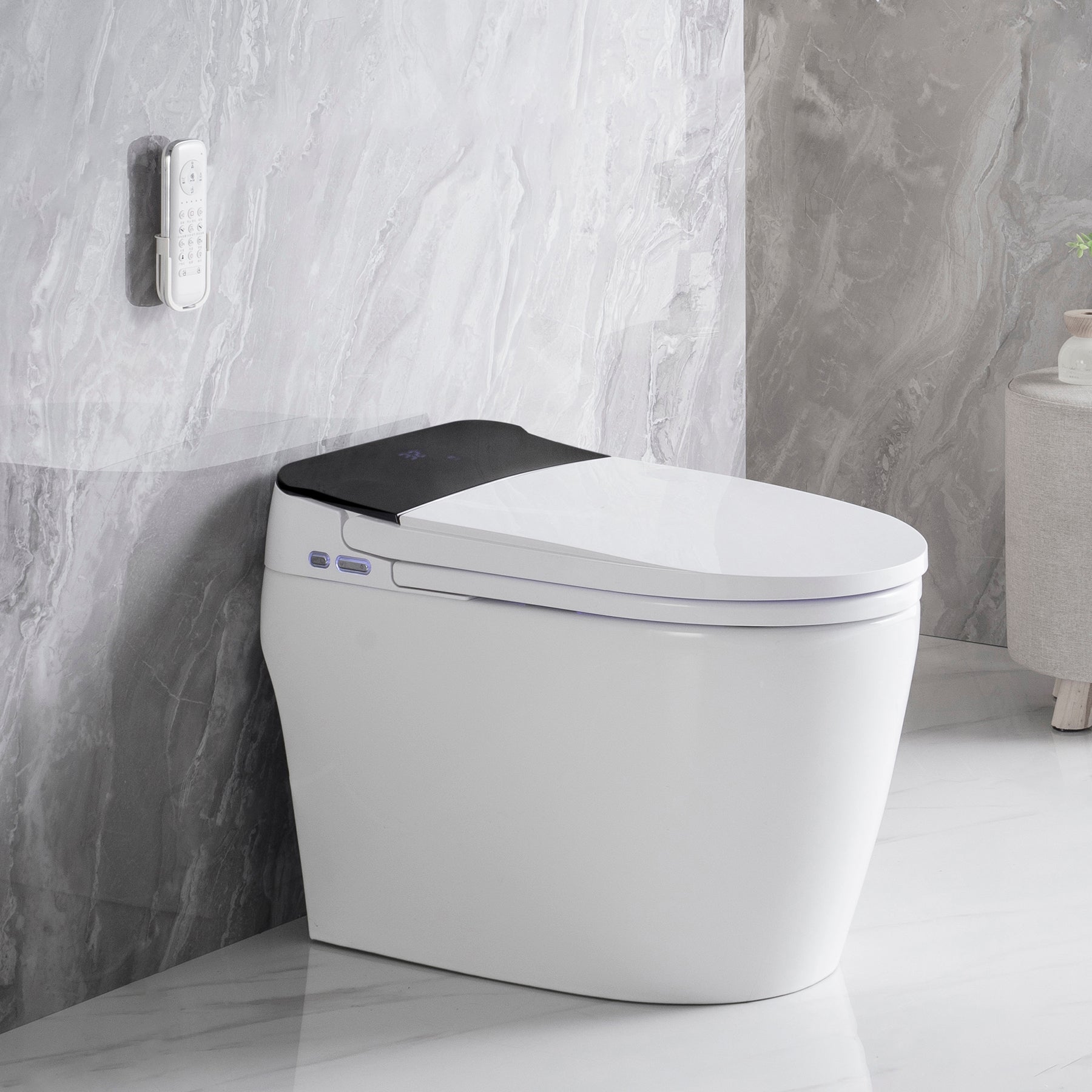 Elongated Smart Toilet With Elongated Heated Bidet Seat, Intelligent Toilet With Bidet Built In, Feet Sensor,Auto Open Close Seat, Off Seating Auto Flush, Night Light, Warm Water & Dryer,White White Bathroom Luxury Porcelain