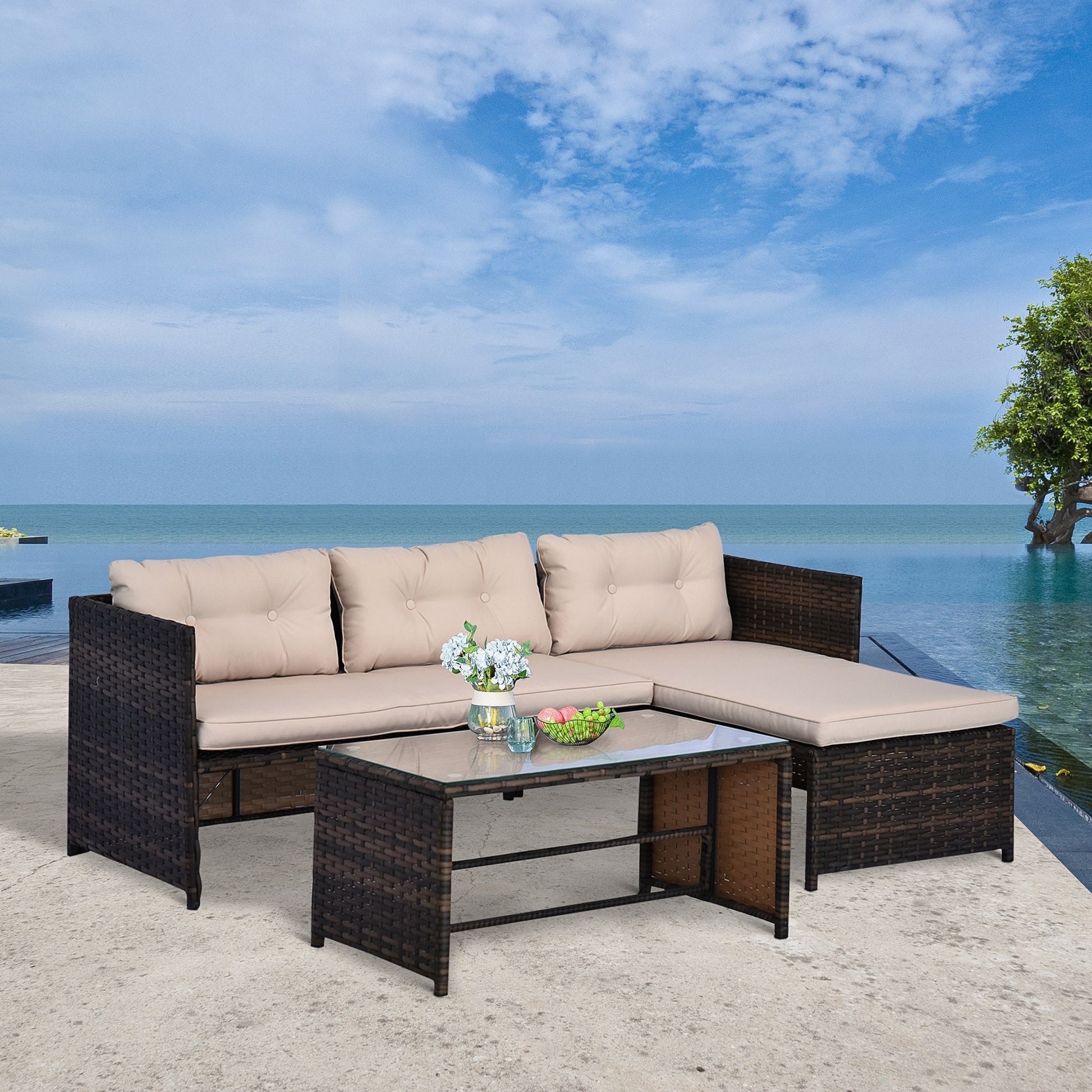 Outsunny 3 Piece Patio Furniture Set, Rattan Outdoor Sofa Set With Chaise Lounge & Loveseat, Soft Cushions, Tempered Glass Table, L Shaped Sectional Couch, Beige Beige Rattan Metal