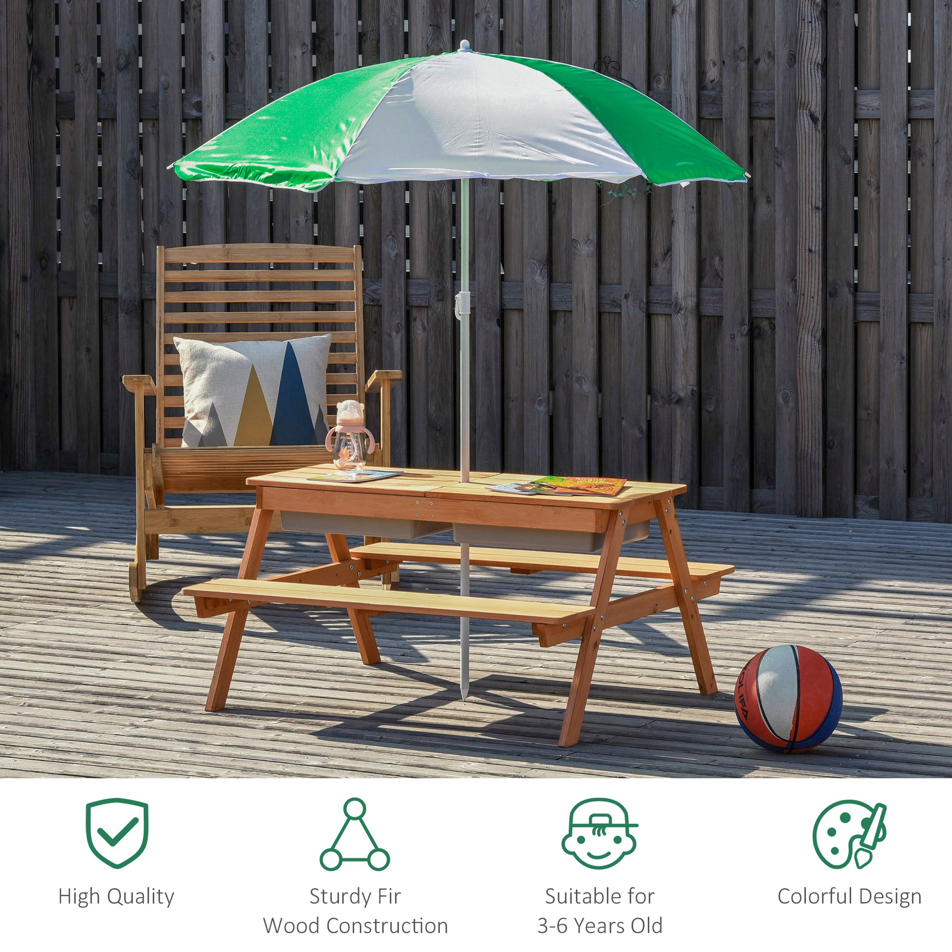 Outsunny Kids Picnic Table With Umbrella And Storage Inside, Sand And Water Table, Kids Outdoor Furniture, Wooden Bench Backyard Furniture For Garden, Patio, Or Balcony Natural Wood