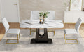 Table And Chair Set, Modern And Minimalist Dining Table, Imitation Marble Patterned Tabletop, Mdf Legs With U Shaped Brackets. Paired With Comfortable Chairs, Suitable For Dining And Living Rooms. Black Gold Mdf Glass