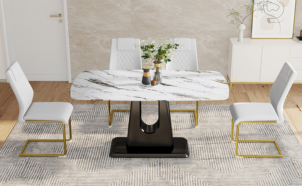 Table And Chair Set, Modern And Minimalist Dining Table, Imitation Marble Patterned Tabletop, Mdf Legs With U Shaped Brackets. Paired With Comfortable Chairs, Suitable For Dining And Living Rooms. Black Gold Mdf Glass