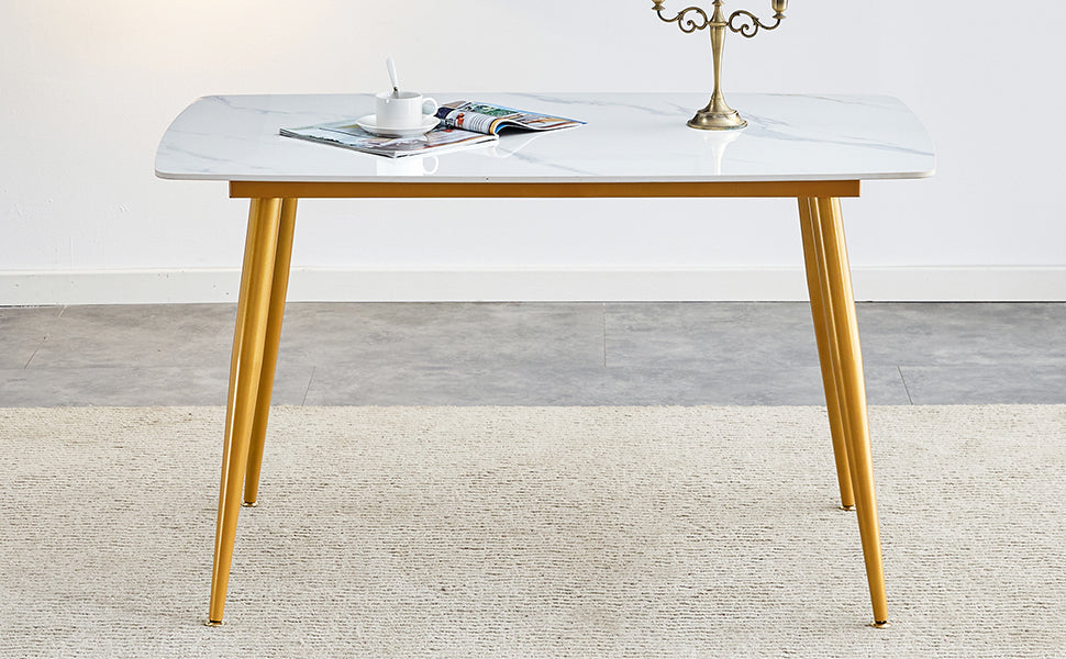 Modern Minimalist Dining Table. White Imitation Marble Patterned Stone Burning Tabletop With Golden Metal Legs. 50 "* 30" * 30 "F 001 Gold Sintered Stone