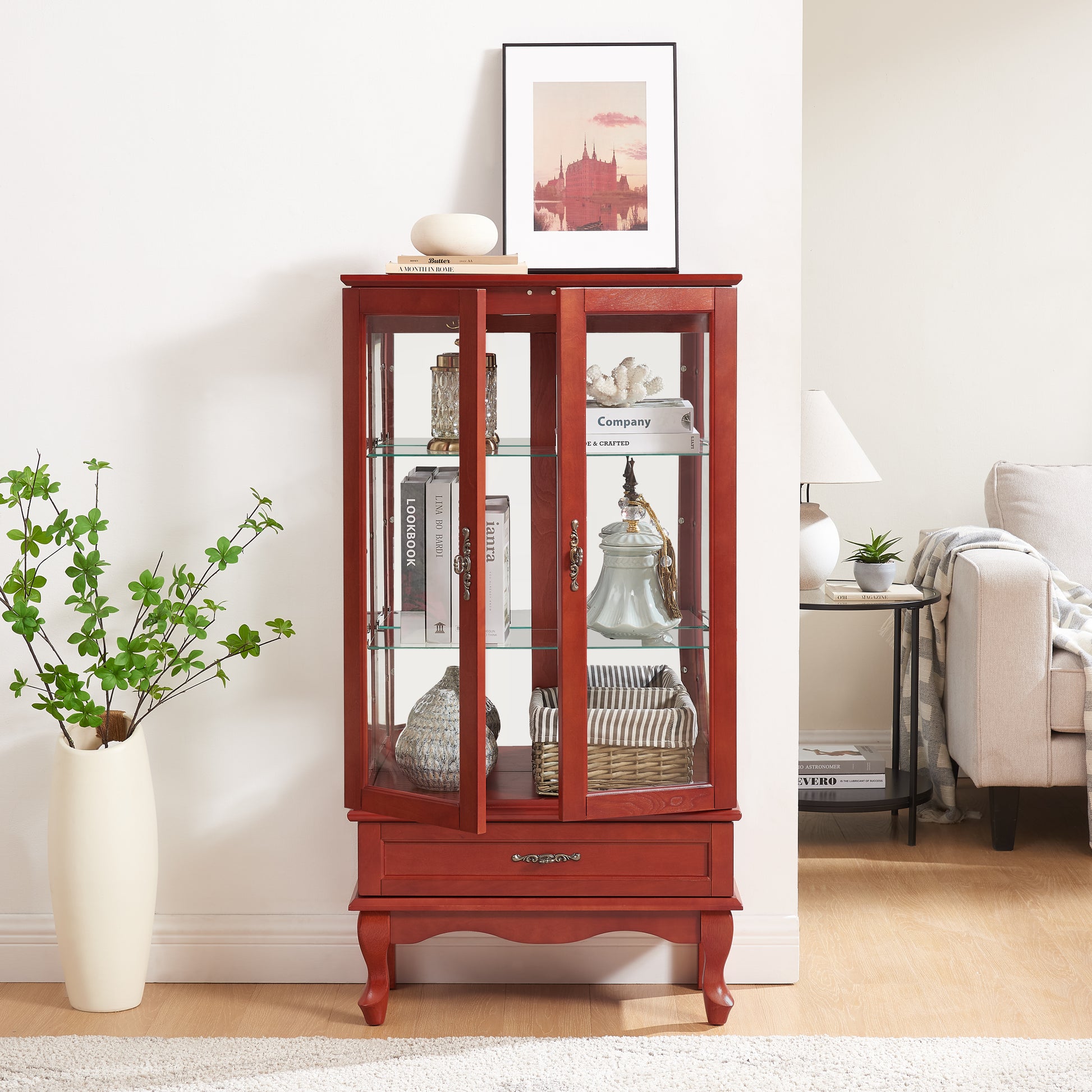 Lighted Glass Cabinet Glass Wine Cabinet Curio Display Cabinet With Adjustable Glass Shelves 2 Doors And 1 Drawer Cabinet Bulb Included Cherry Cherry Mdf Glass